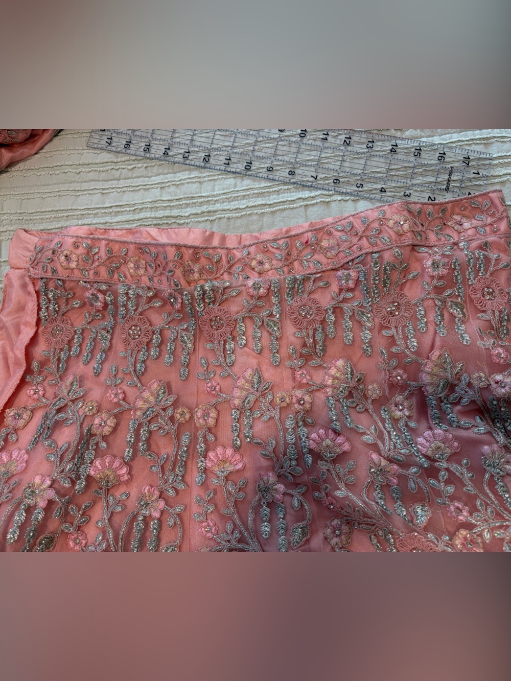 Embroidered Pink Mini Skirt with Silver Floral Beading